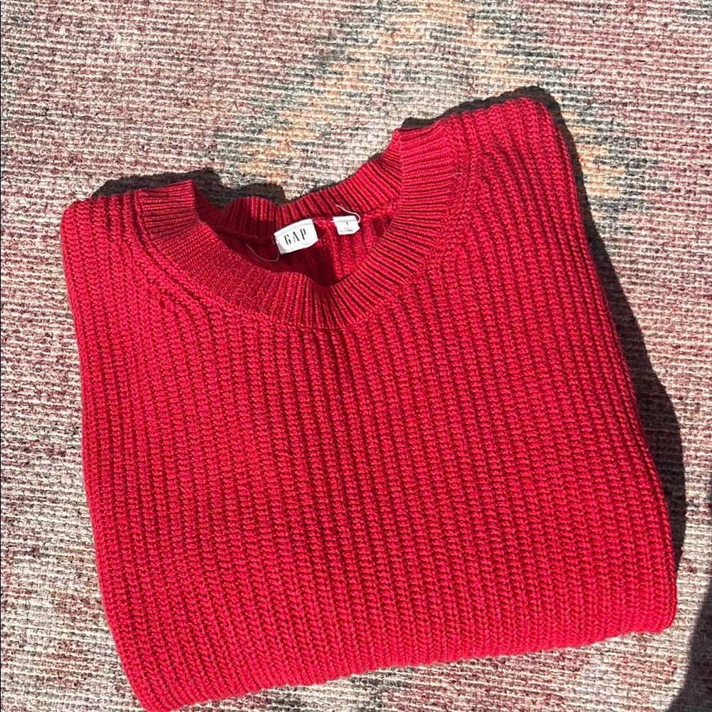 red knit sweater
